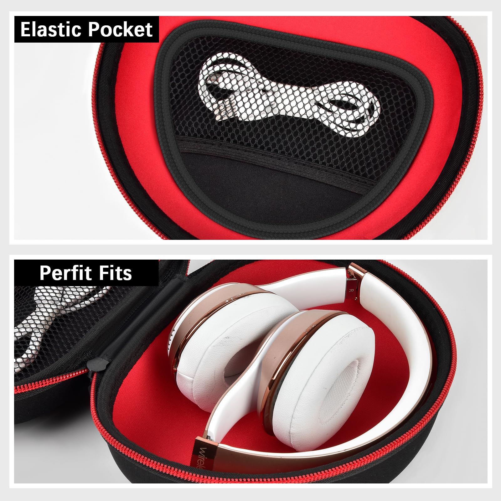 Black and red headphone case with elastic mesh pocket and folded over-ear headphones inside