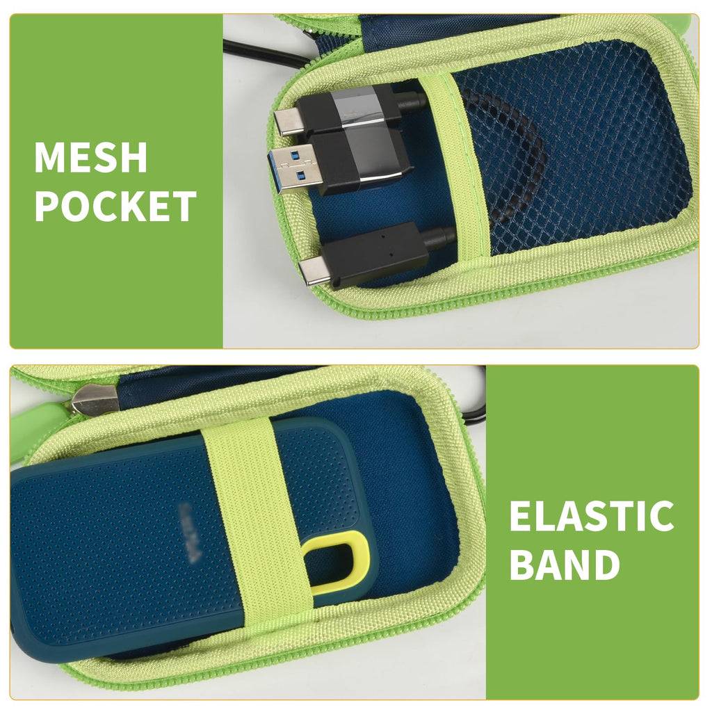 Navy and green SSD case interior with mesh pocket and elastic drive strap
