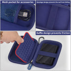 Blue SSD case interior with mesh cable pocket, elastic bands, and padded divider