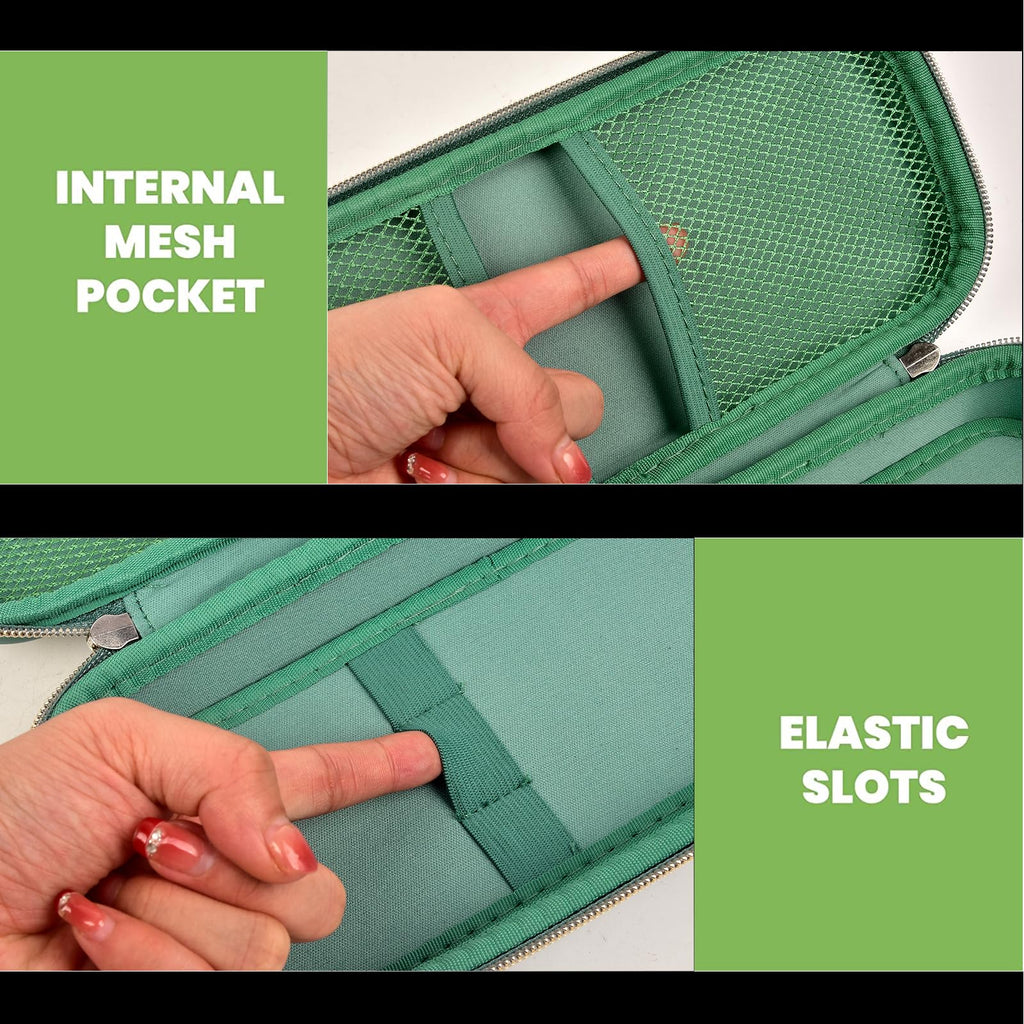dark green stethoscope case interior with mesh pocket and elastic accessory slots