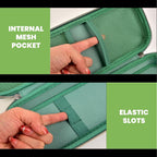 dark green stethoscope case interior with mesh pocket and elastic accessory slots