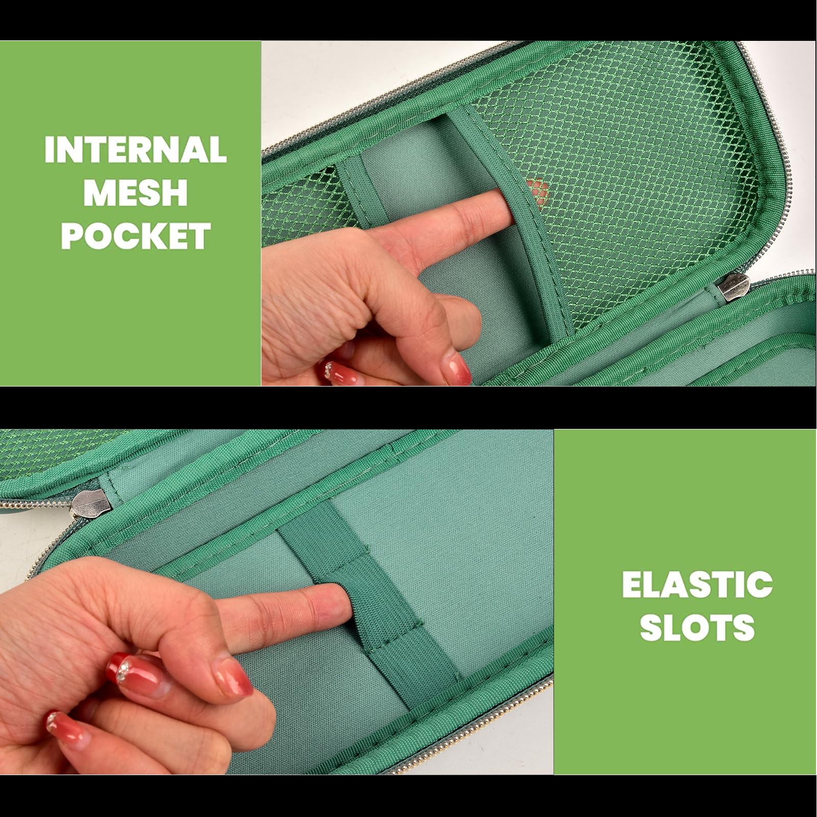 dark green stethoscope case interior with mesh pocket and elastic accessory slots
