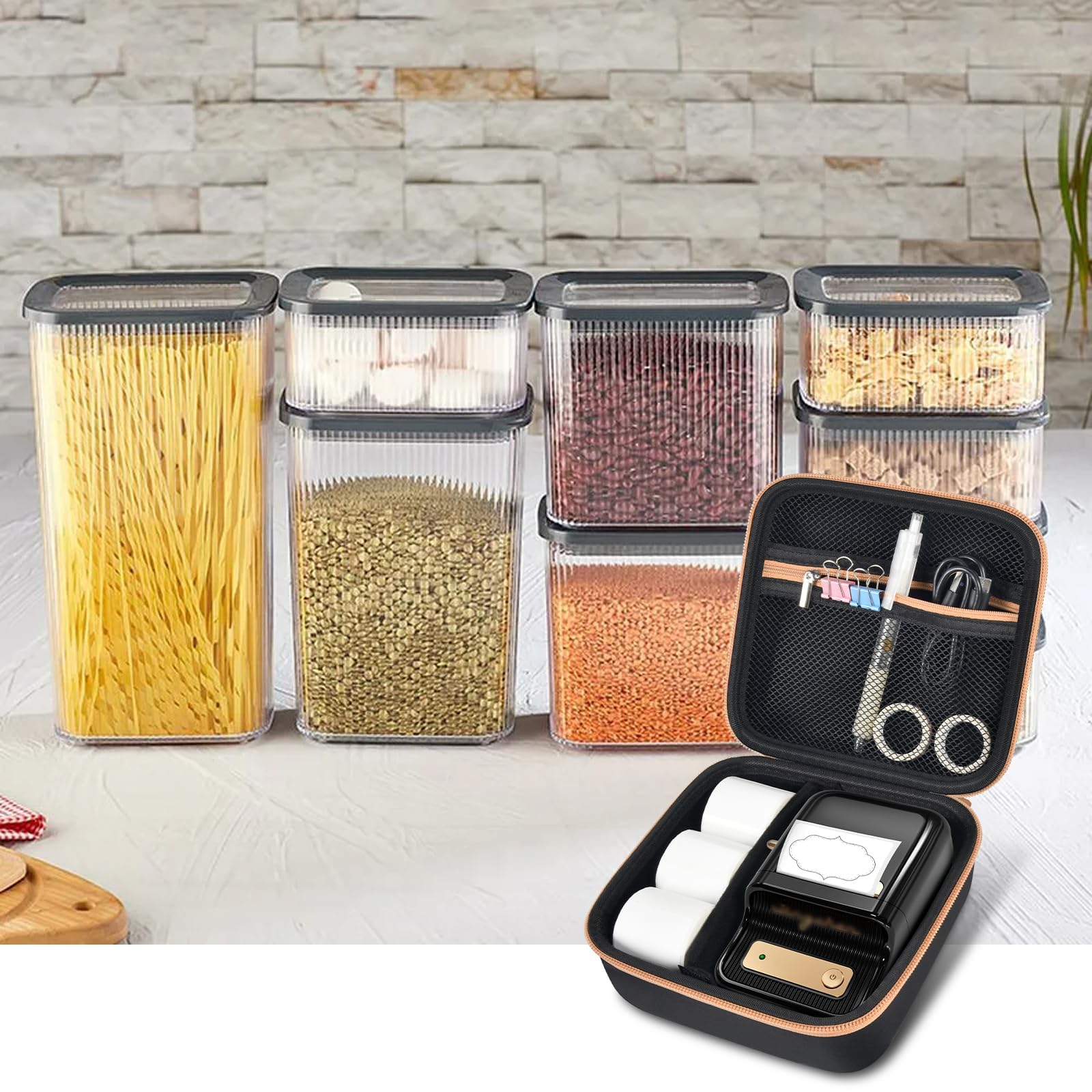 Open black and tan NIIMBOT label maker case organizing a printer and accessories in a kitchen