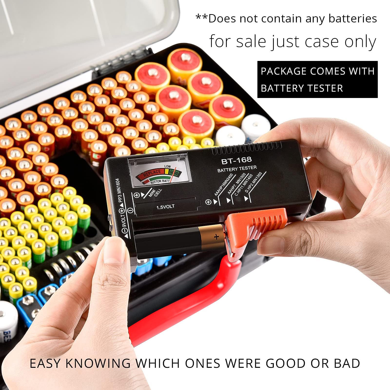 Black with red handle 269-slot battery organizer case included battery tester checking battery condition