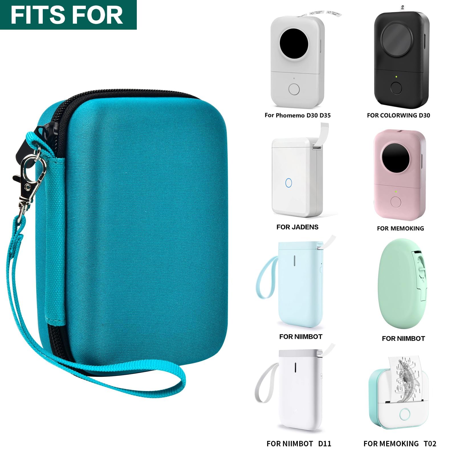 Teal label maker case shown with several compatible mini printers