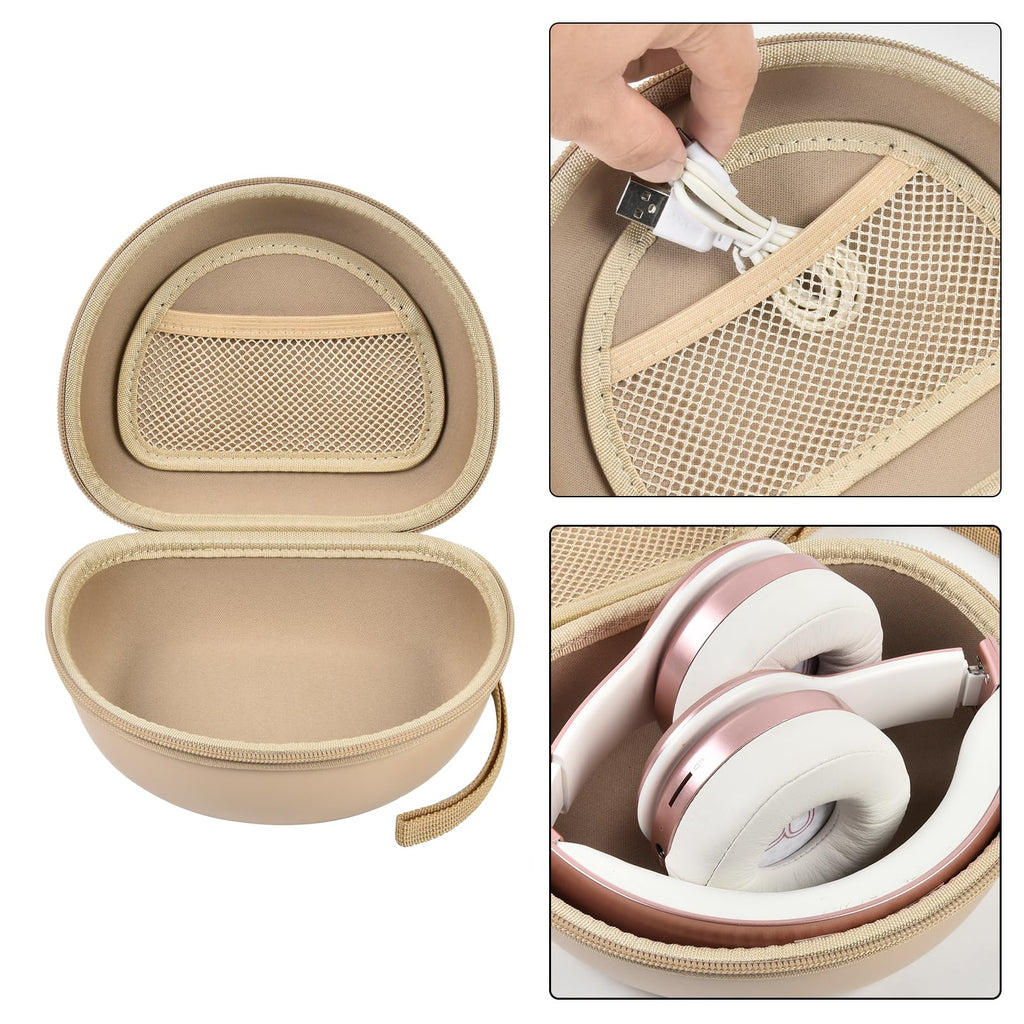 Open beige headphone case with mesh pocket and folded over-ear headphones inside