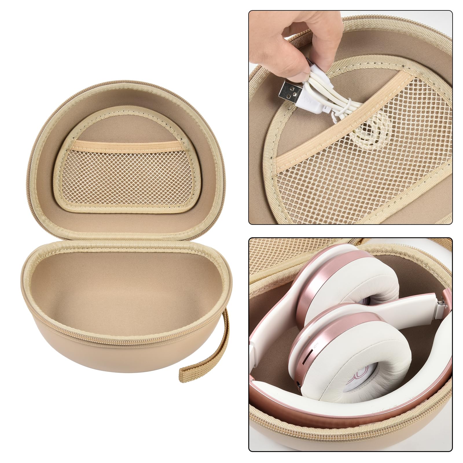 Open beige headphone case with mesh pocket and folded over-ear headphones inside