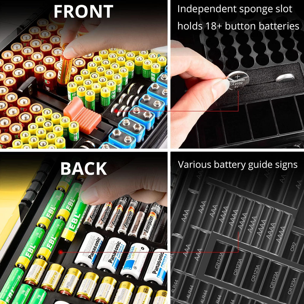 Yellow and black 269-slot battery organizer case front and back battery compartments and button-cell slots