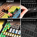 Yellow and black 269-slot battery organizer case front and back battery compartments and button-cell slots