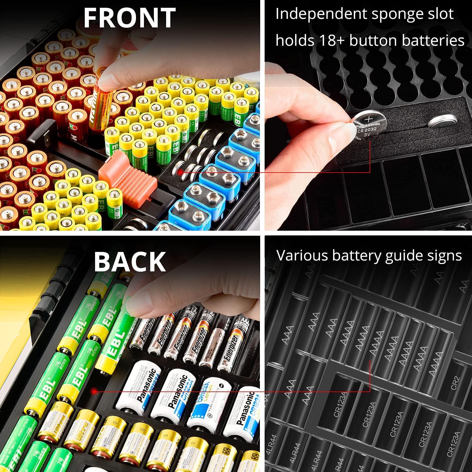 Yellow and black 269-slot battery organizer case front and back battery compartments and button-cell slots
