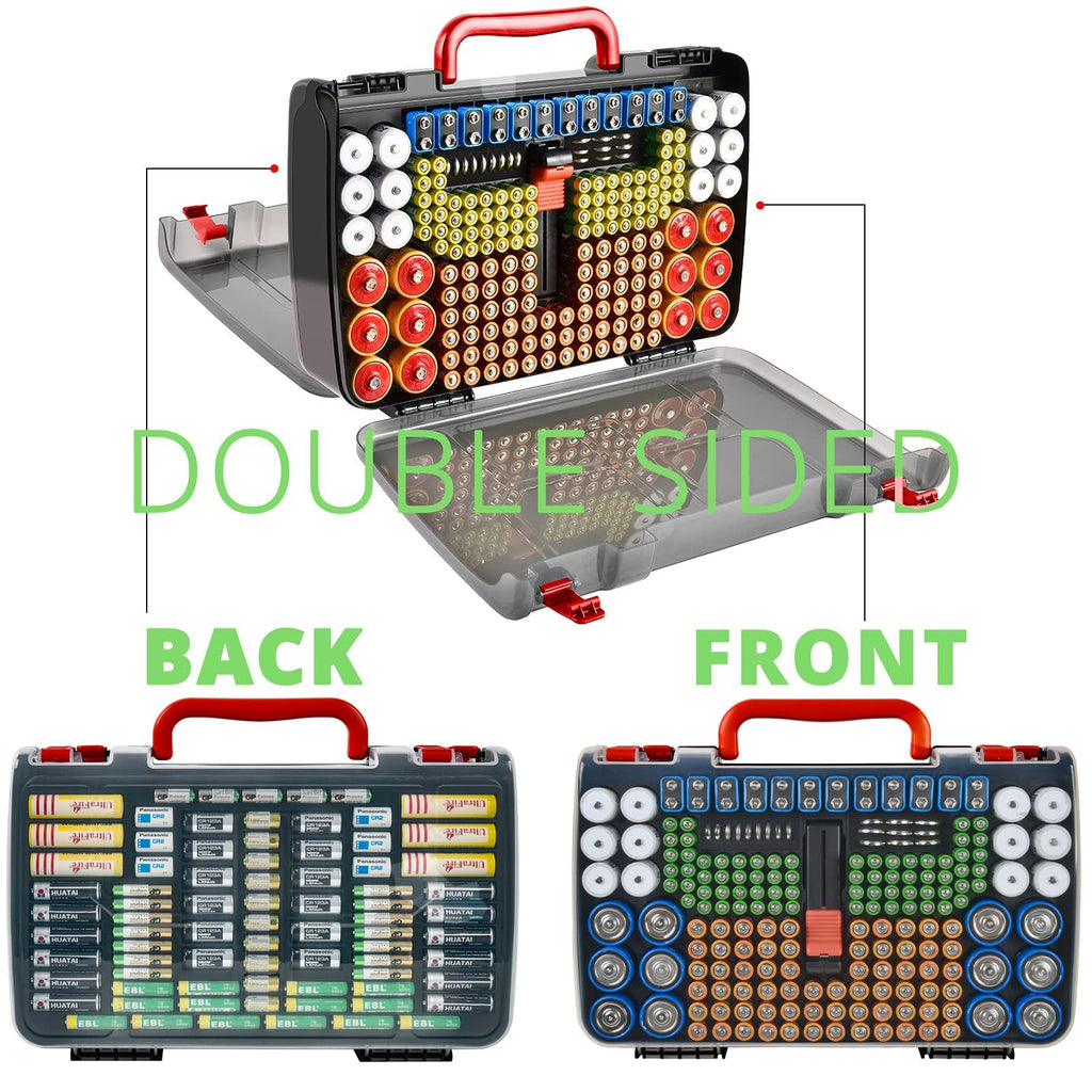 Black with red handle 269-slot battery organizer case double-sided front and back storage layout