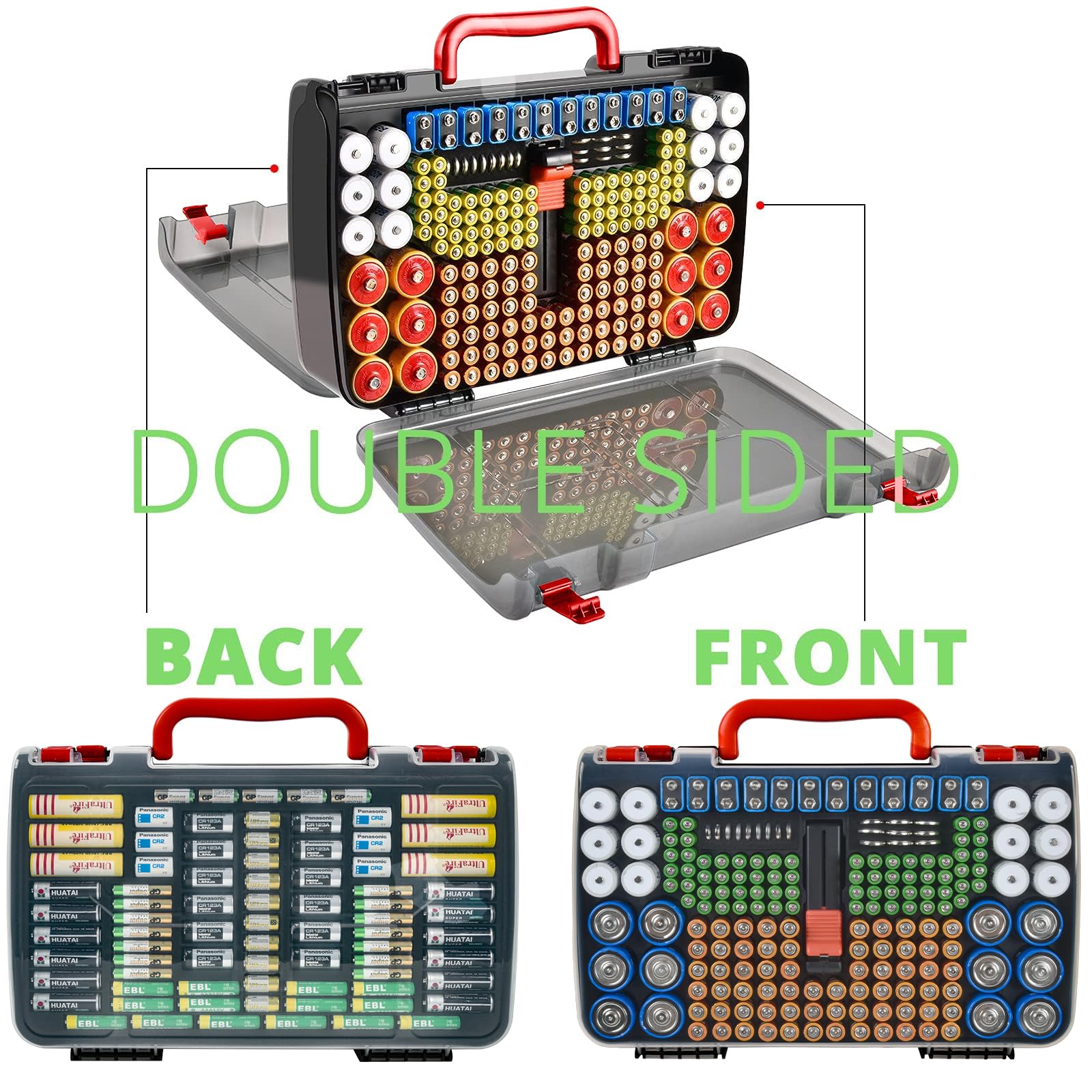 Black with red handle 269-slot battery organizer case double-sided front and back storage layout