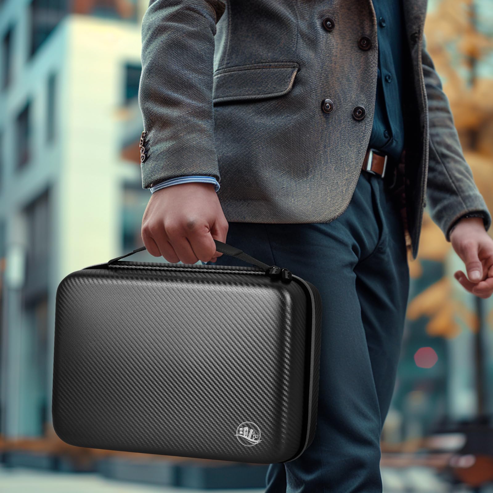 Person carrying the black professional clipper case by its handle