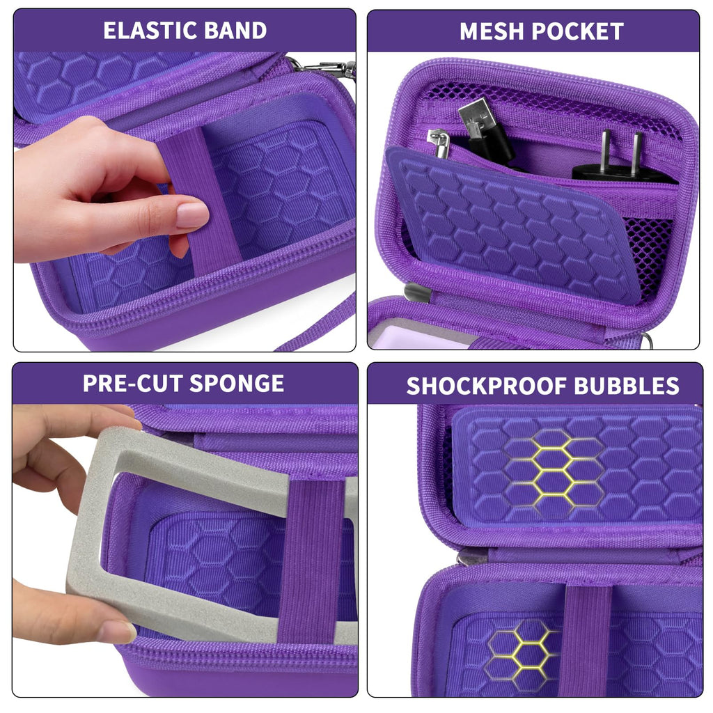 Purple camera case with shockproof PU shell, splash resistance, and strong zipper