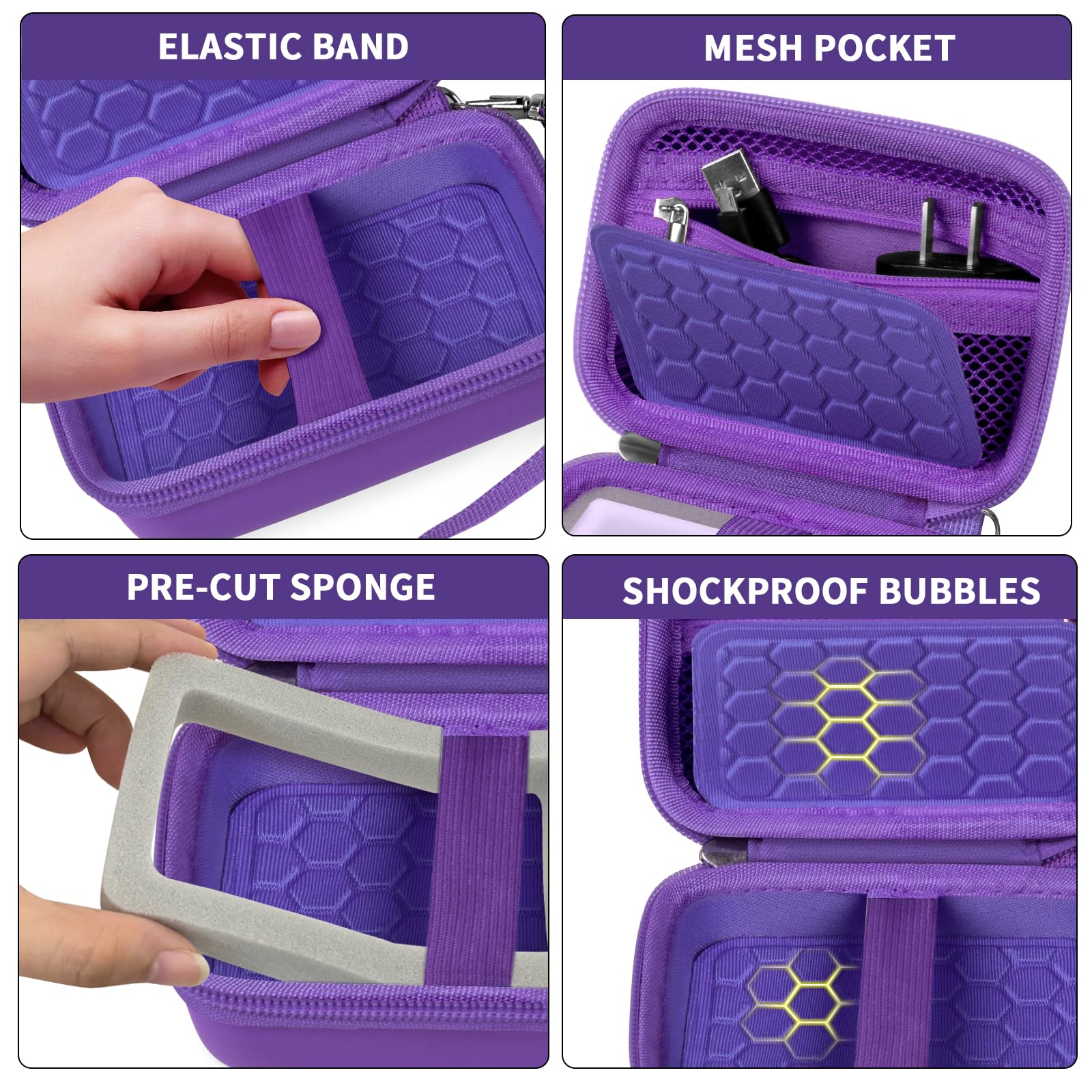 Purple camera case with shockproof PU shell, splash resistance, and strong zipper