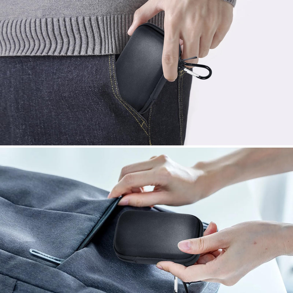 Black portable SSD case being packed into a pocket