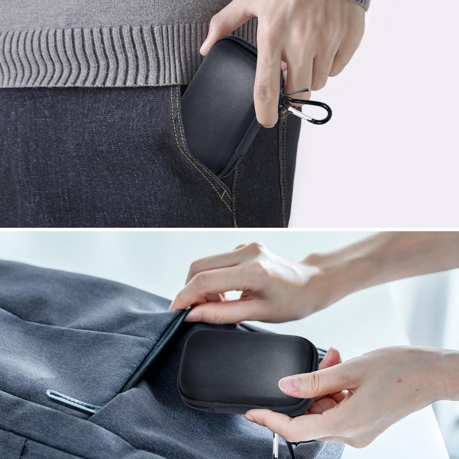 Black portable SSD case being packed into a pocket