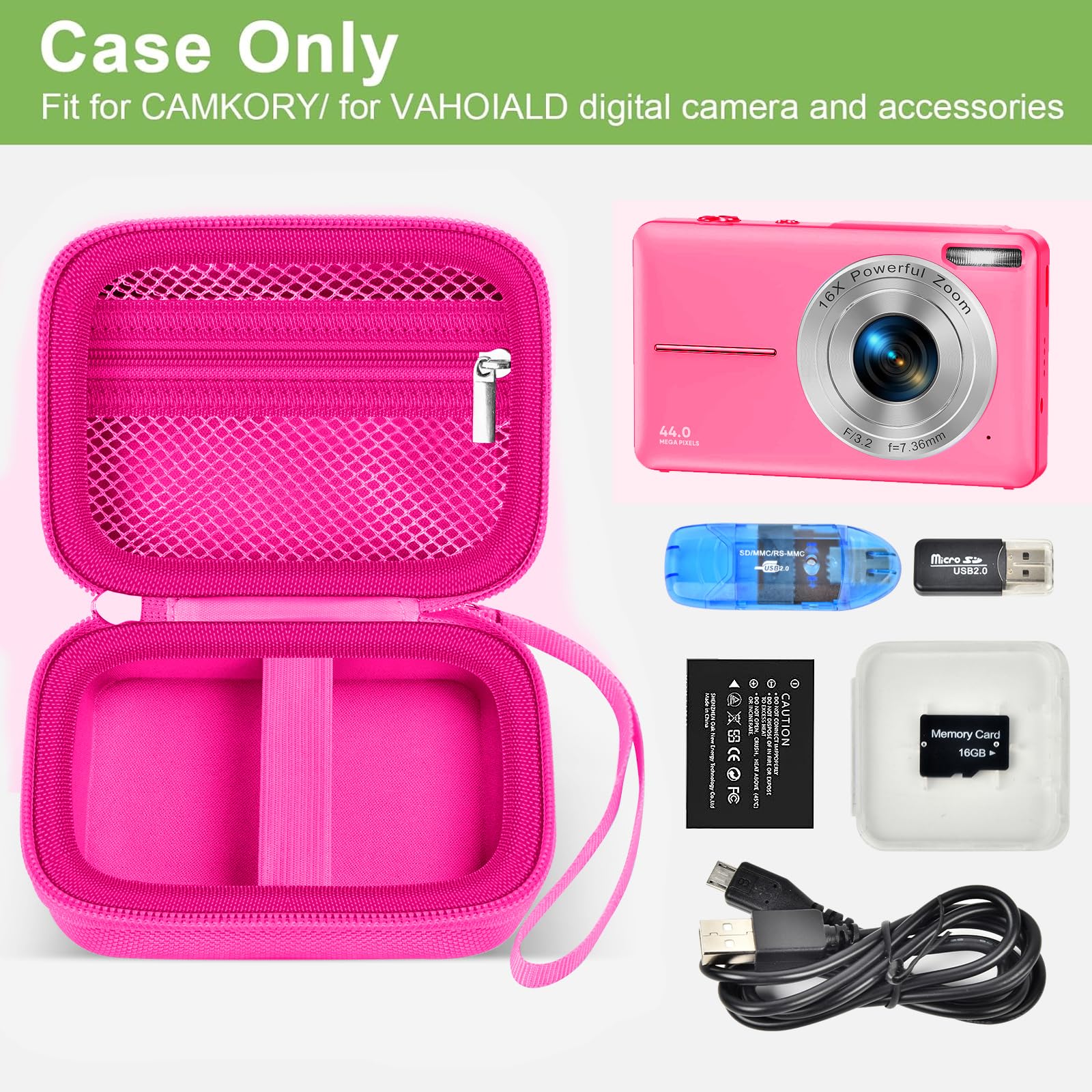 Magenta protective digital camera case shown open with compatible compact camera and accessories