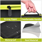 Black and neon yellow label maker case with strong zipper, handle, water-resistant shell, and hard material