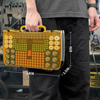 Yellow and black 269-slot battery organizer case carried by the handle with case dimensions shown