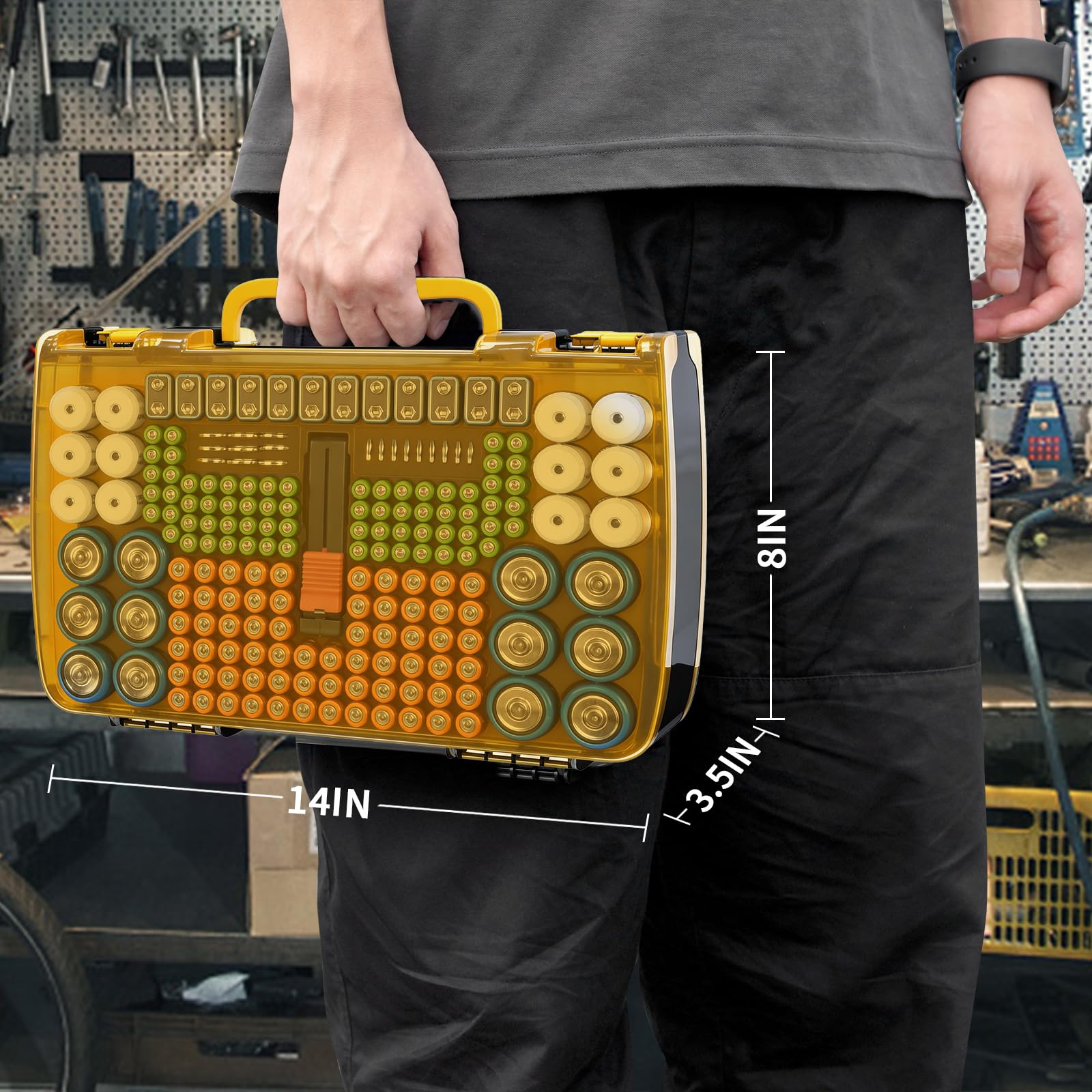 Yellow and black 269-slot battery organizer case carried by the handle with case dimensions shown