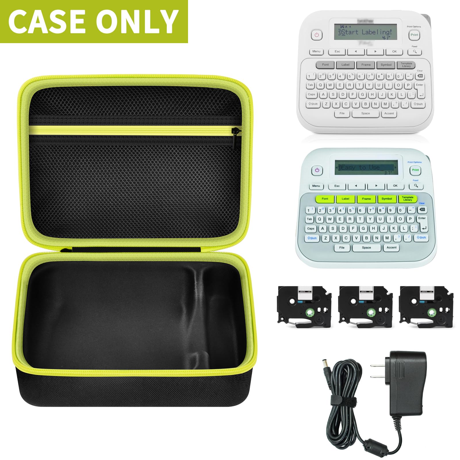 Open black and neon yellow P-touch label maker case with mesh pocket; case only