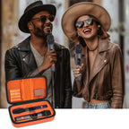 Singers using wireless microphones beside the open orange carrying case