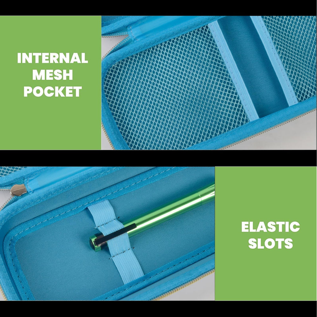 blue stethoscope case interior with mesh pocket and elastic accessory slots