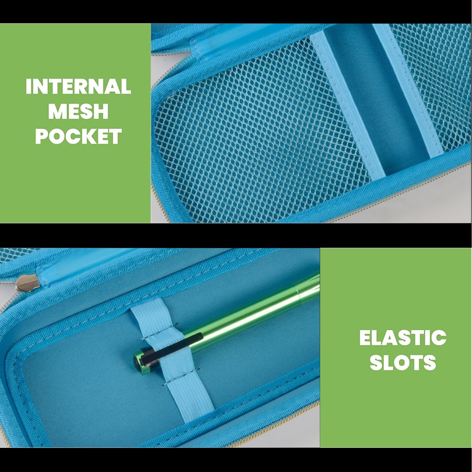 blue stethoscope case interior with mesh pocket and elastic accessory slots