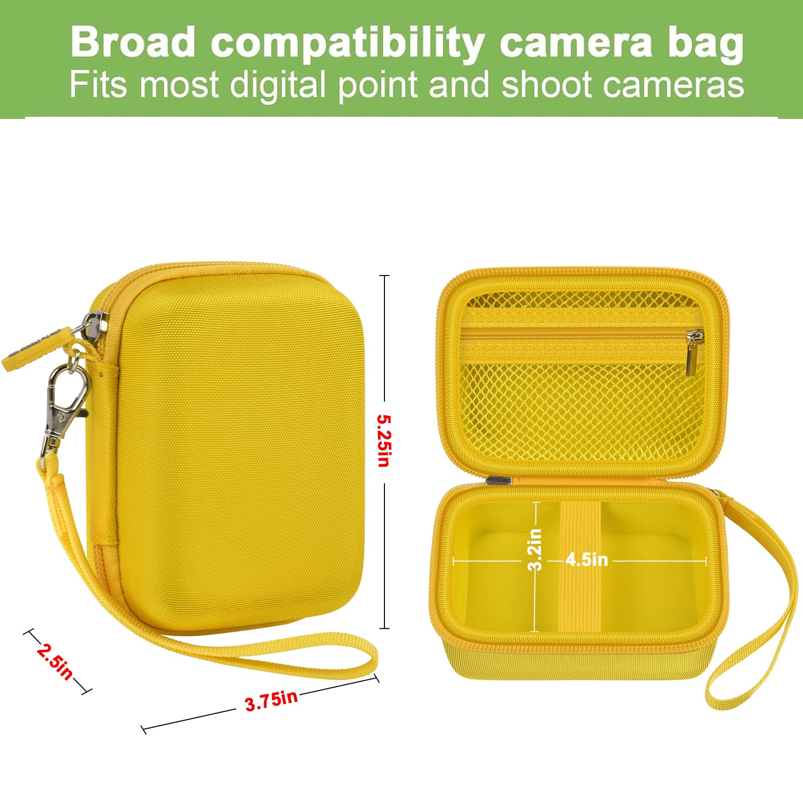Yellow protective digital camera case compatibility and interior dimensions overview