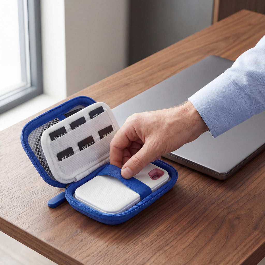 Hand placing a SanDisk portable SSD into the open white organizer case