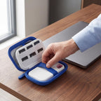 Hand placing a SanDisk portable SSD into the open white organizer case