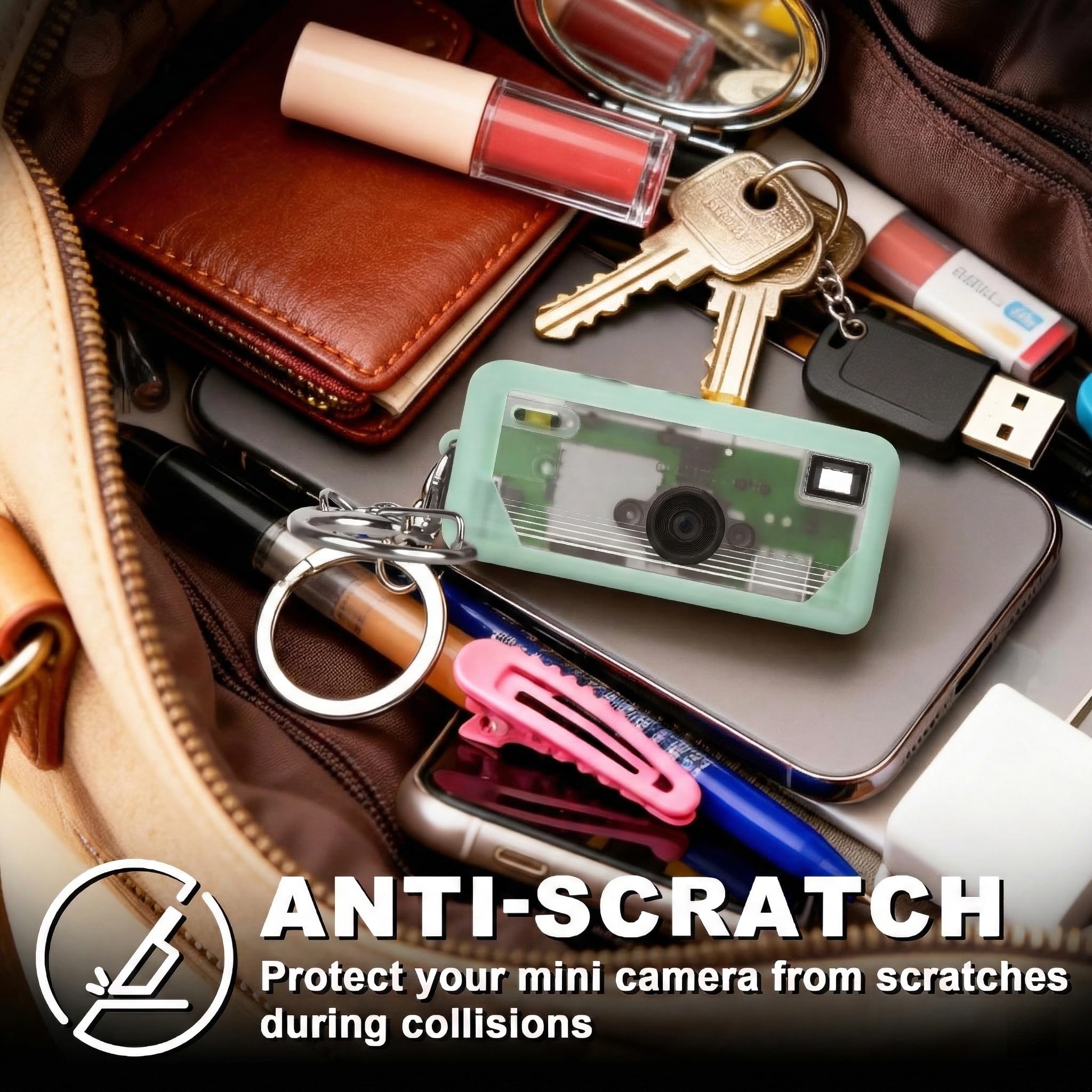 Mint green silicone case for Kodak Charmera keychain camera anti-scratch protection shown inside a bag