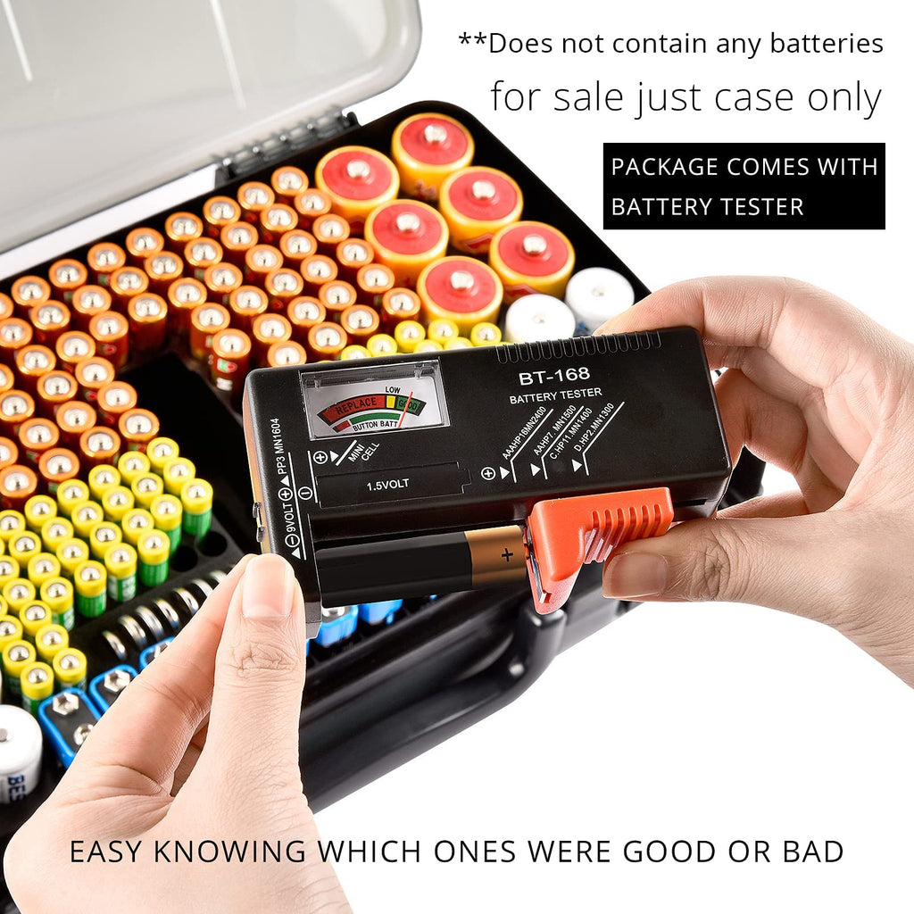 Dark gray 269-slot battery organizer case included battery tester checking battery condition