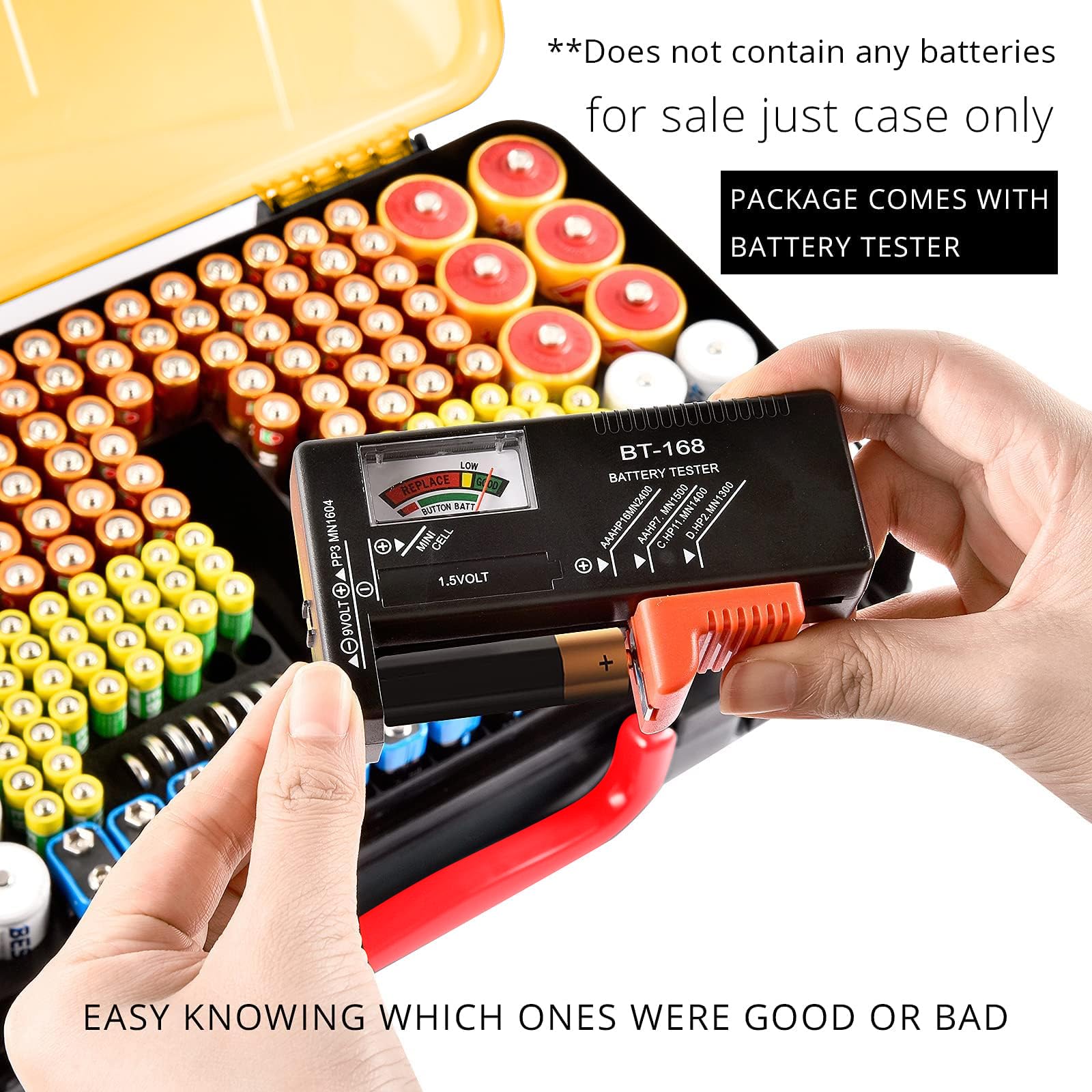 Yellow and black 269-slot battery organizer case included battery tester checking battery condition