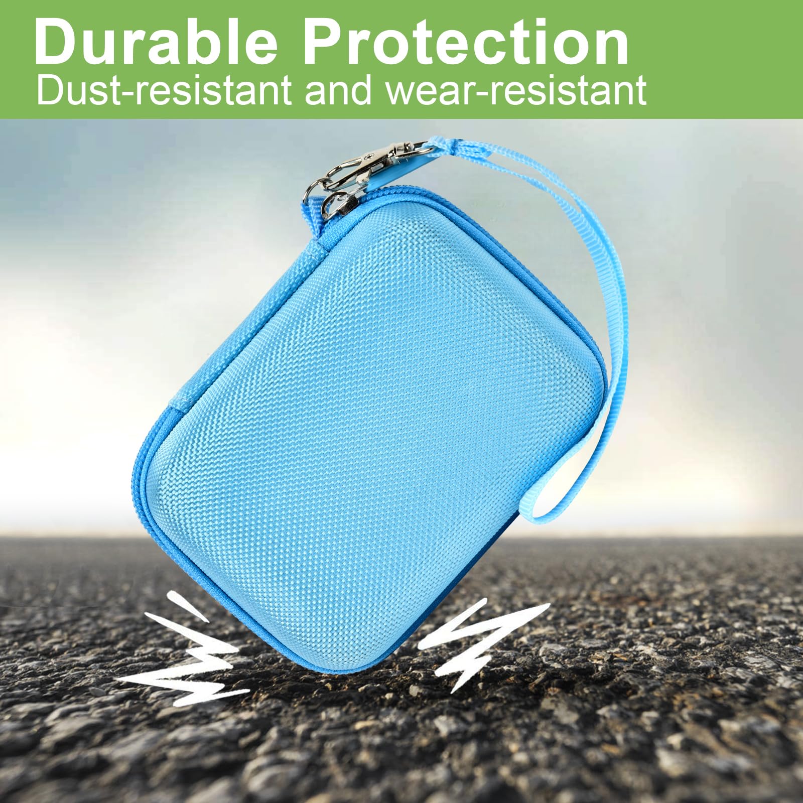 Blue protective digital camera case dust- and wear-resistant protection demonstration