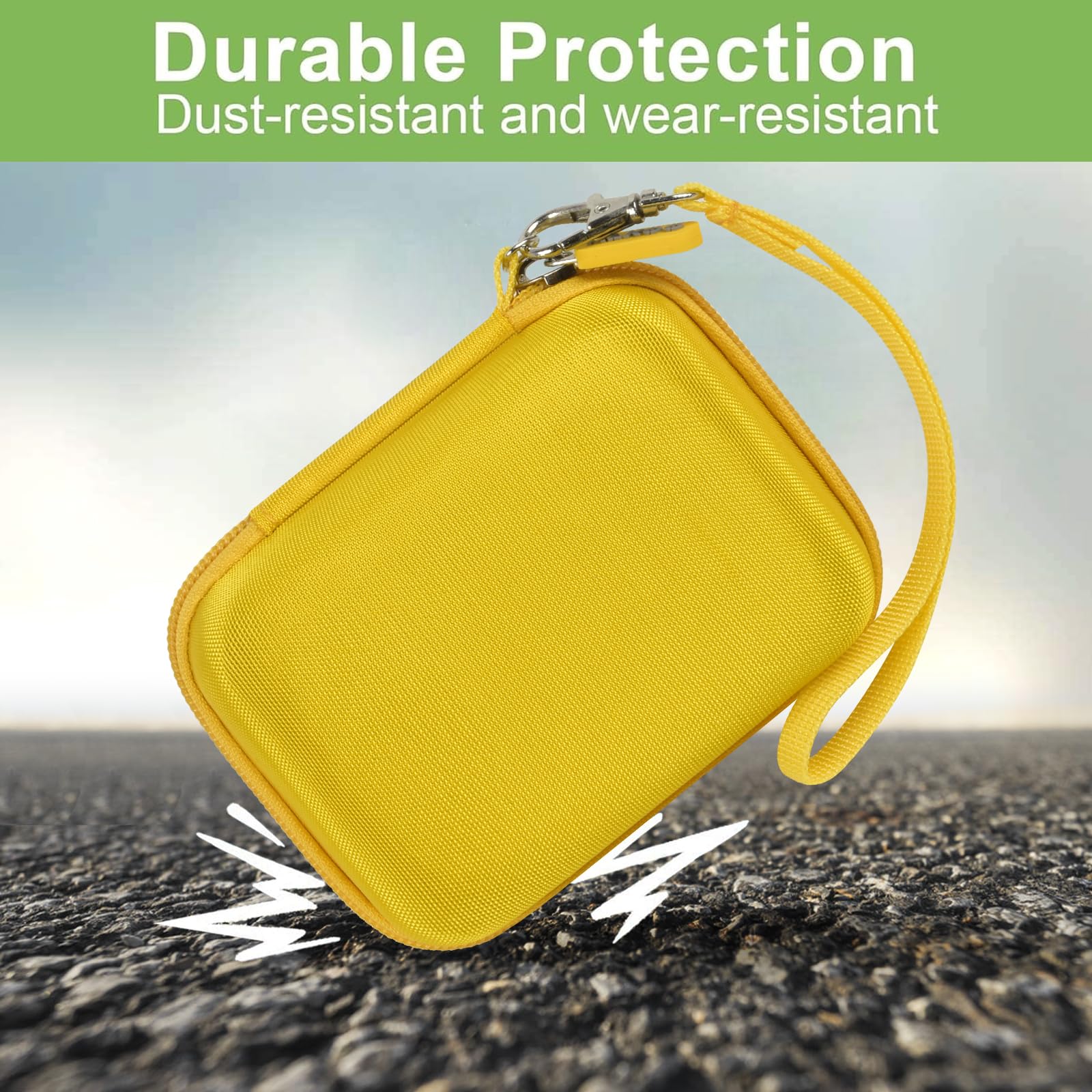 Yellow protective digital camera case dust- and wear-resistant protection demonstration
