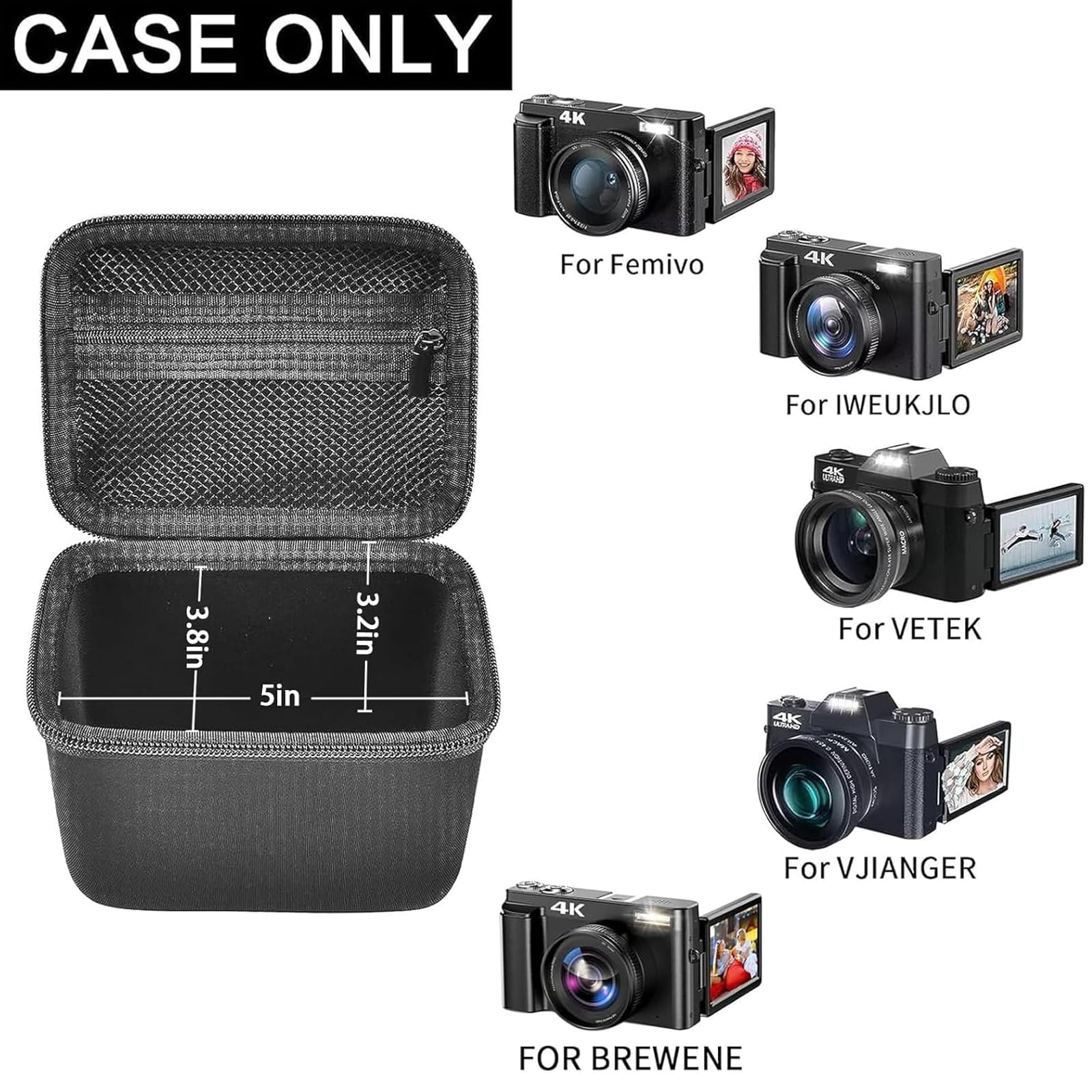 Open black vlogging camera case with mesh pocket and adjustable interior; case only