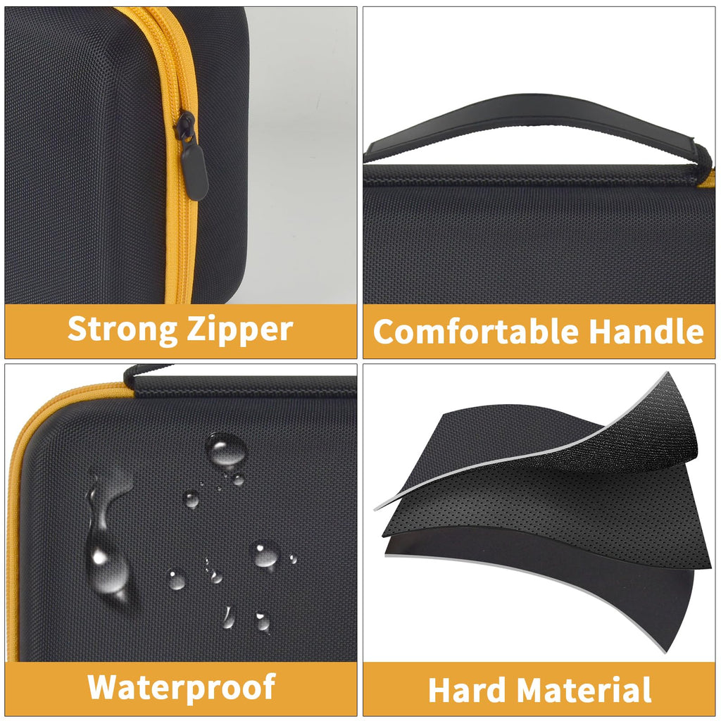 Black and yellow label maker case with strong zipper, handle, water-resistant shell, and hard material