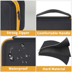 Black and yellow label maker case with strong zipper, handle, water-resistant shell, and hard material