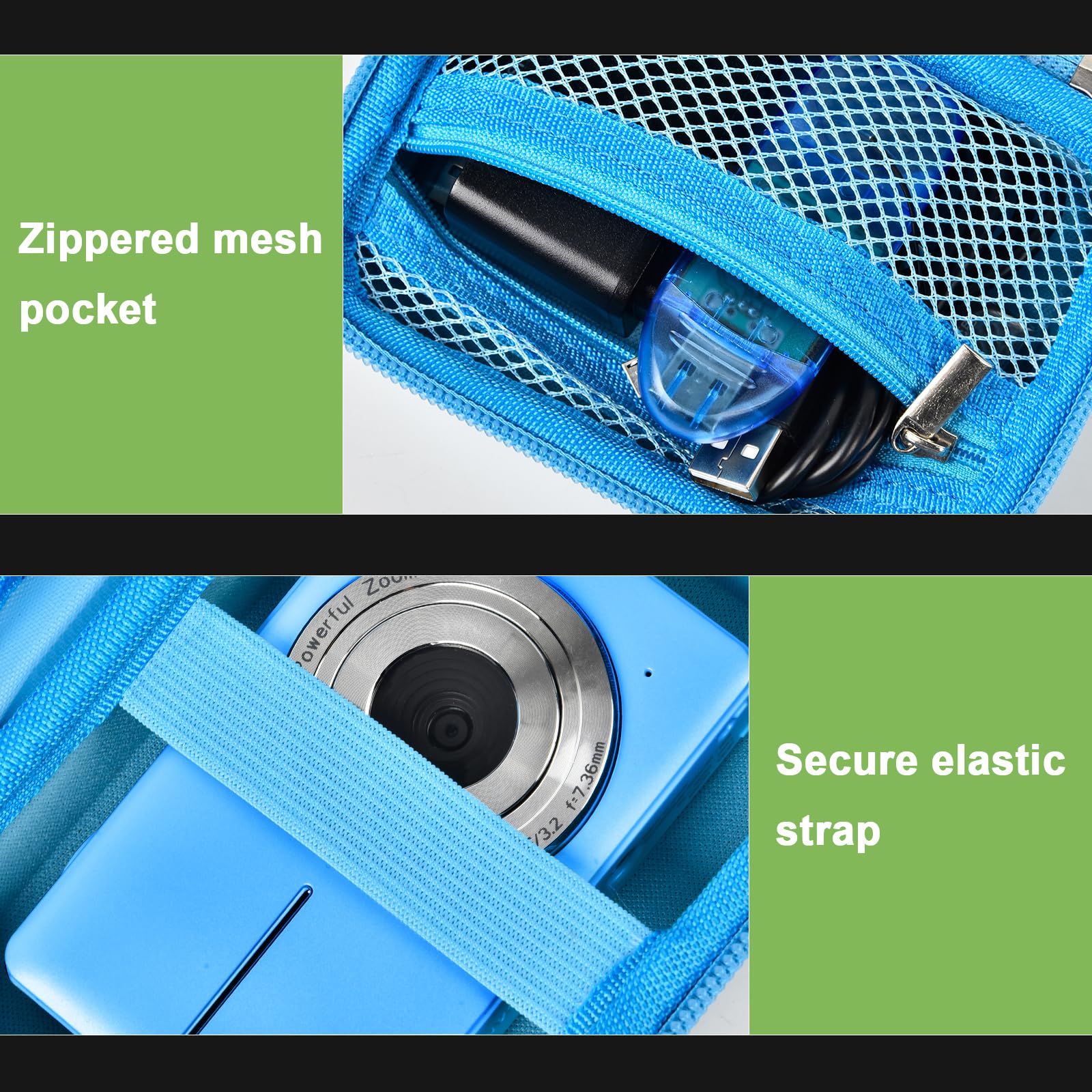 Blue protective digital camera case zippered mesh pocket and elastic camera strap interior