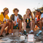 Friends using a JBL Go speaker with the open white and orange travel case at the beach