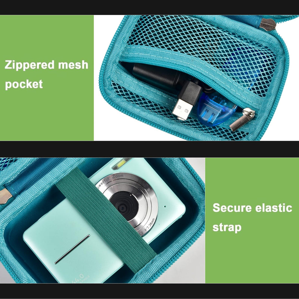 Teal protective digital camera case zippered mesh pocket and elastic camera strap interior