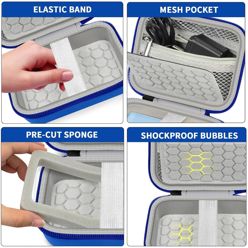 Blue camera case interior with elastic strap, mesh pocket, foam insert, and shock-absorbing padding