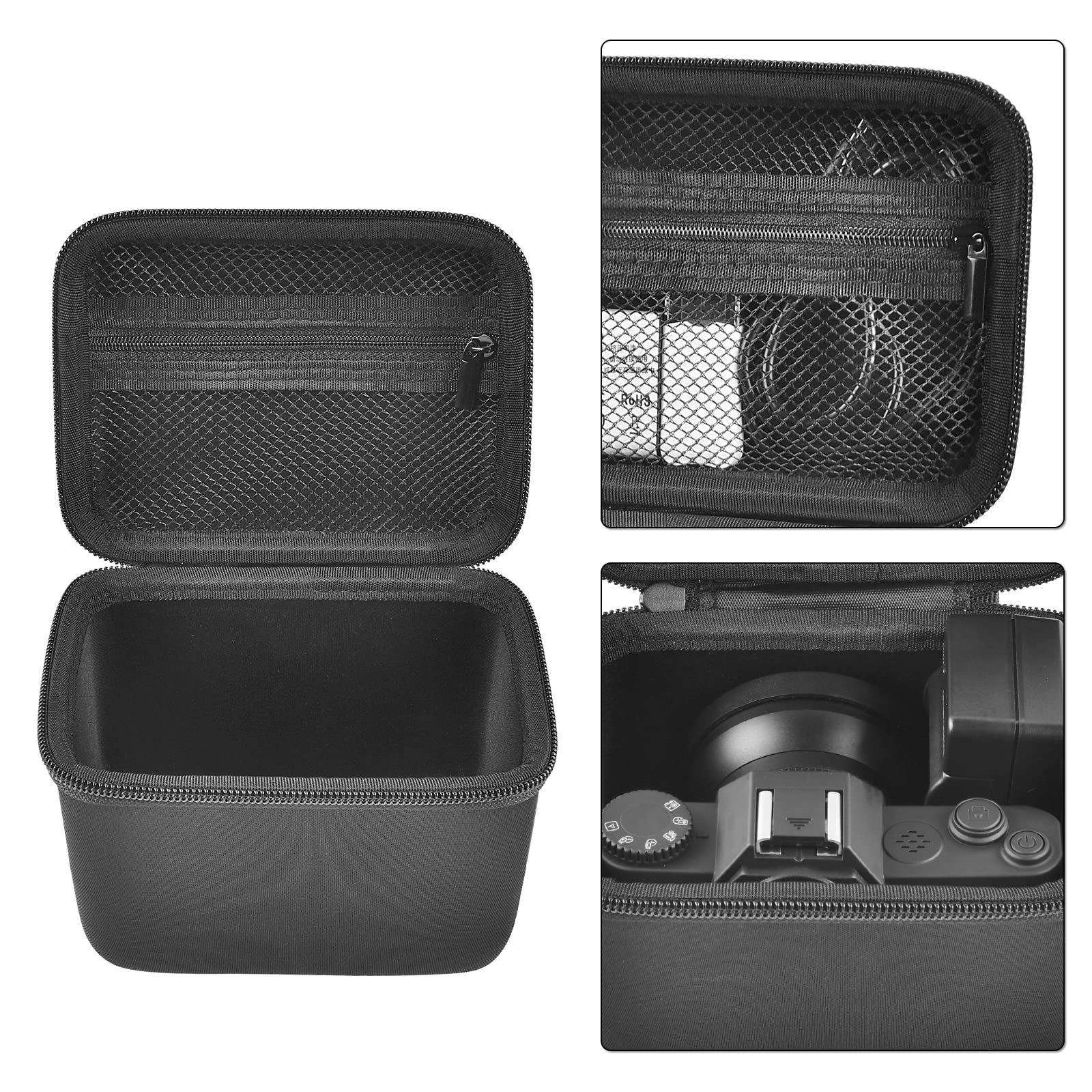 Black camera organizer interior with mesh accessory pocket and padded divider