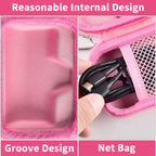 Pink charger case interior with molded groove and mesh cable pocket
