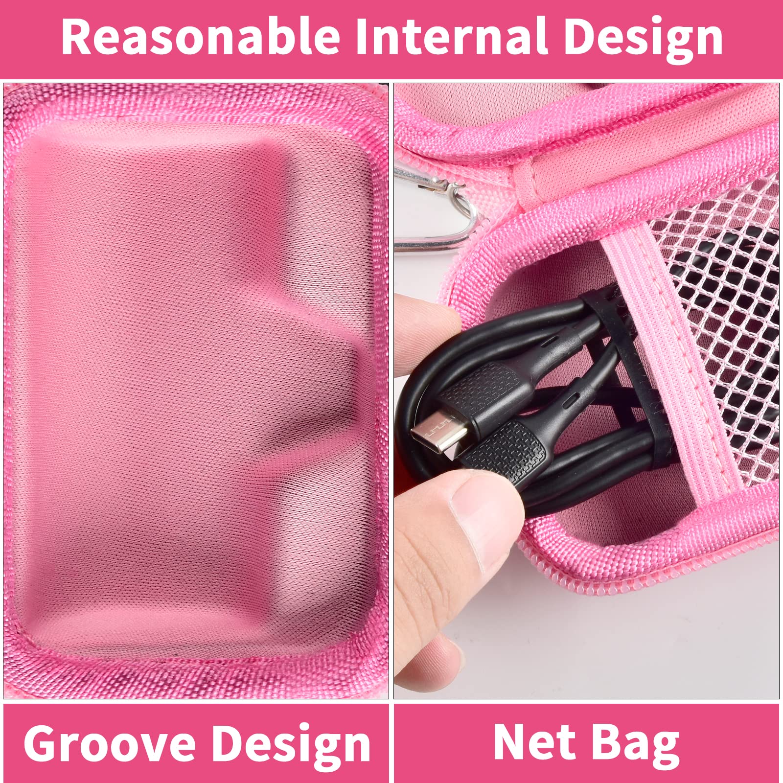 Pink charger case interior with molded groove and mesh cable pocket
