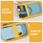 Blue and yellow SSD case interior with mesh pocket and elastic drive strap