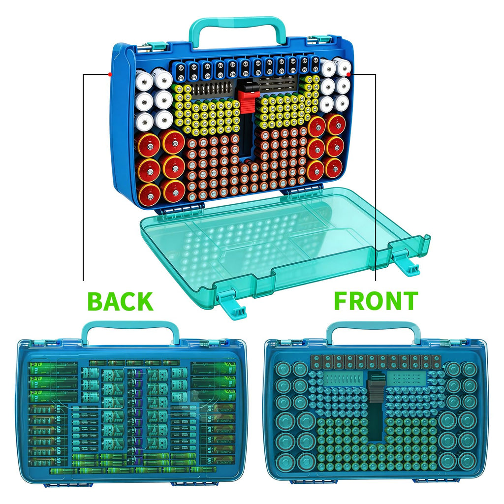 Turquoise blue 269-slot battery organizer case double-sided front and back storage layout