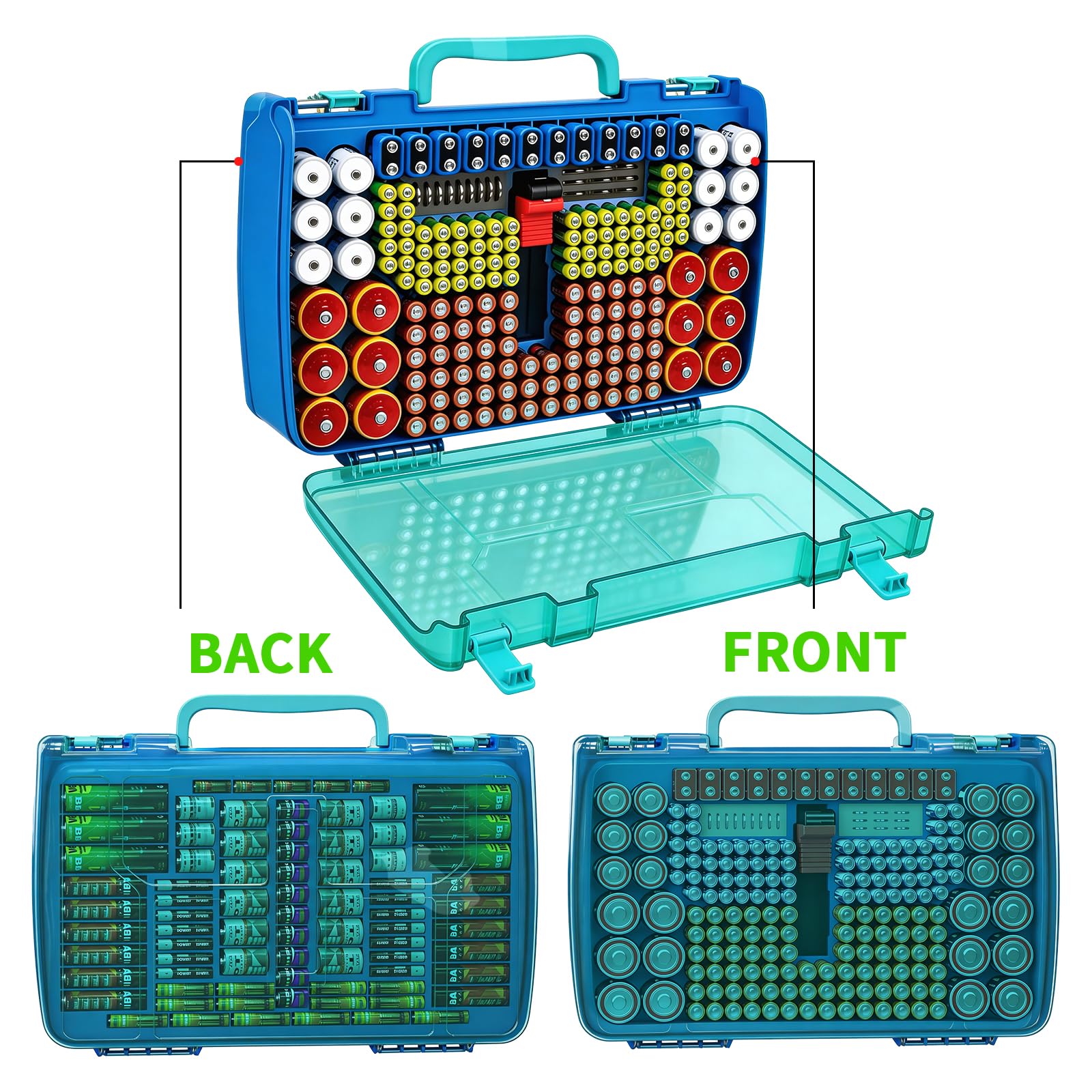Turquoise blue 269-slot battery organizer case double-sided front and back storage layout